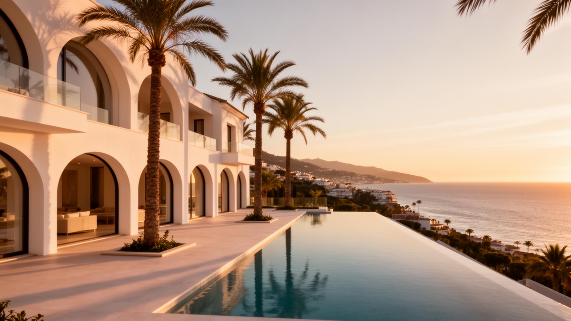 Luxury Andalusian villa overlooking the Mediterranean at golden hour in Marbella